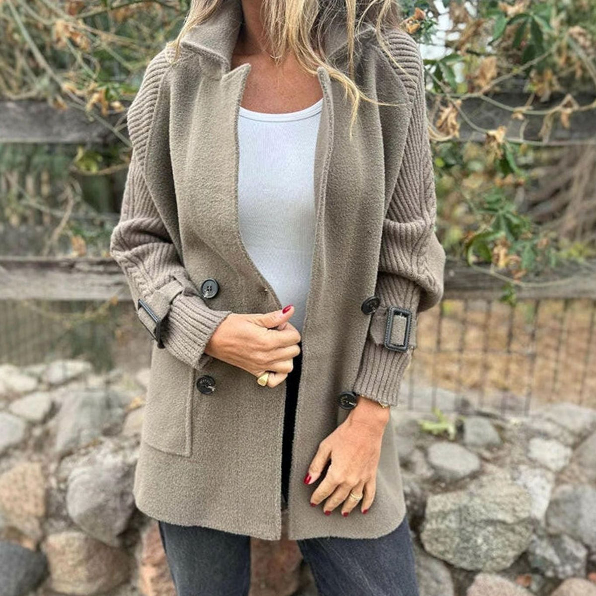 Women's Mixed-Texture Coat with Ribbed Sleeves and Button Front - Taupe