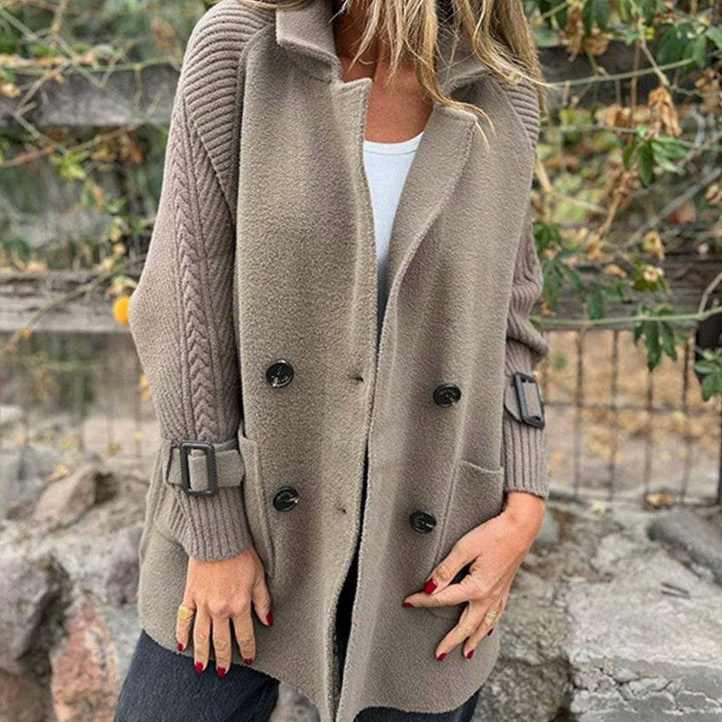 Women's Mixed-Texture Coat with Ribbed Sleeves and Button Front