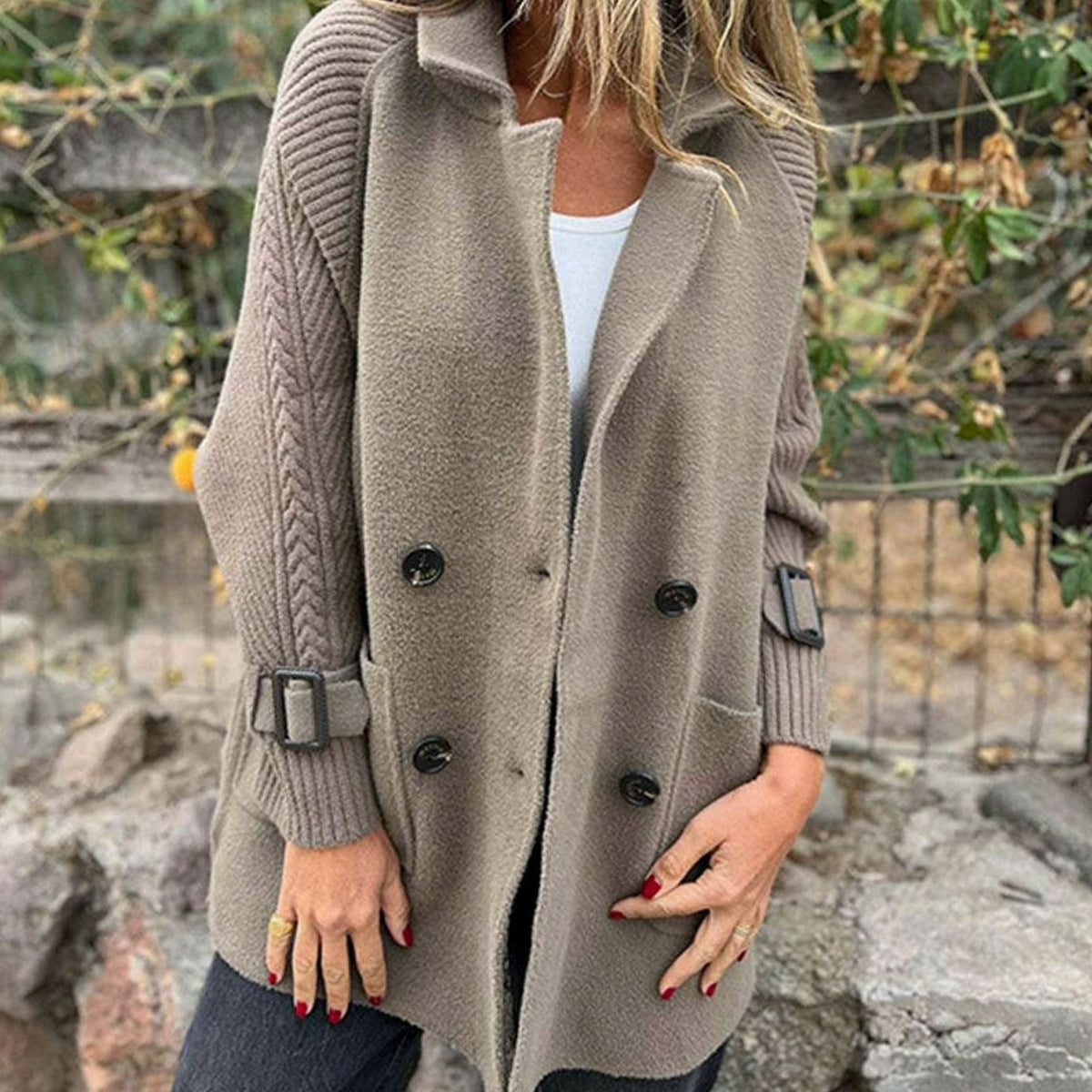 Women's Mixed-Texture Coat with Ribbed Sleeves and Button Front