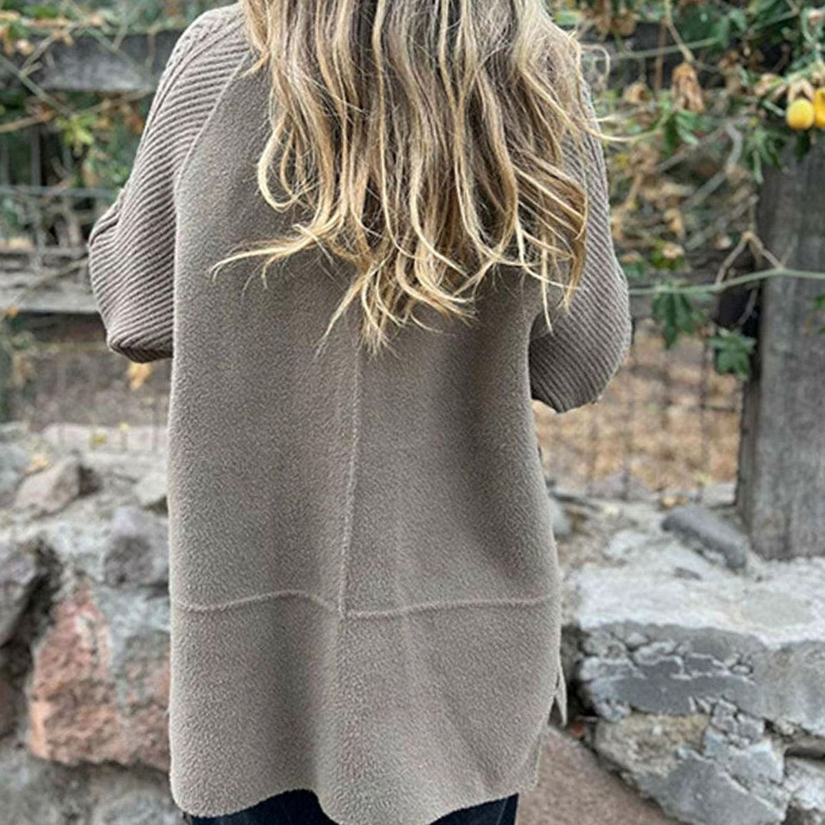 Women's Mixed-Texture Coat with Ribbed Sleeves and Button Front