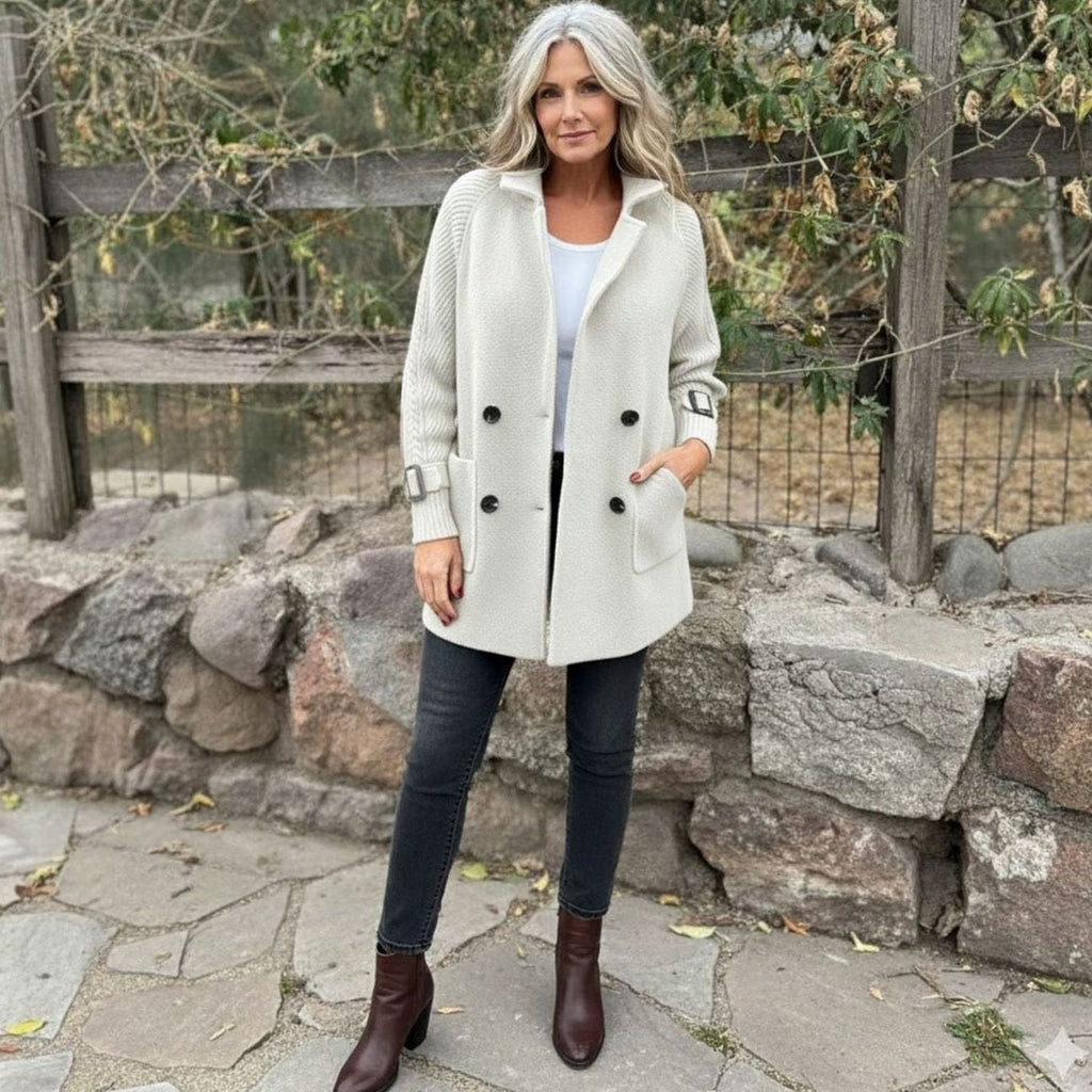 Women's Mixed-Texture Coat with Ribbed Sleeves and Button Front
