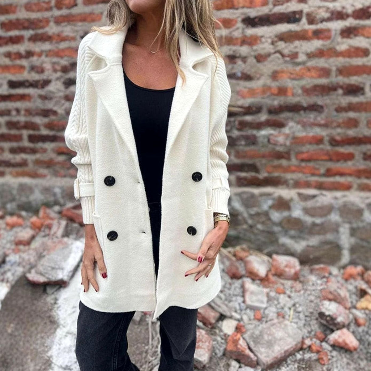 Women's Mixed-Texture Coat with Ribbed Sleeves and Button Front - White