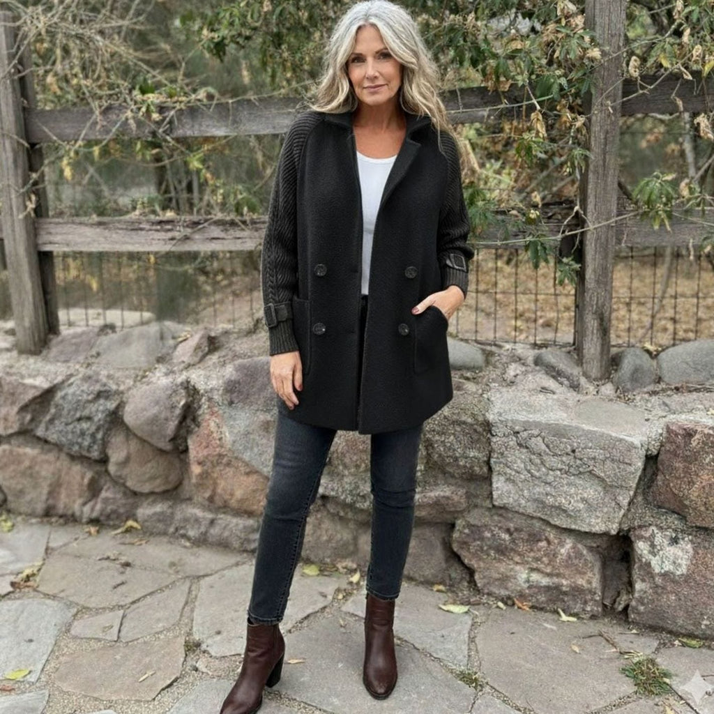 Women's Mixed-Texture Coat with Ribbed Sleeves and Button Front