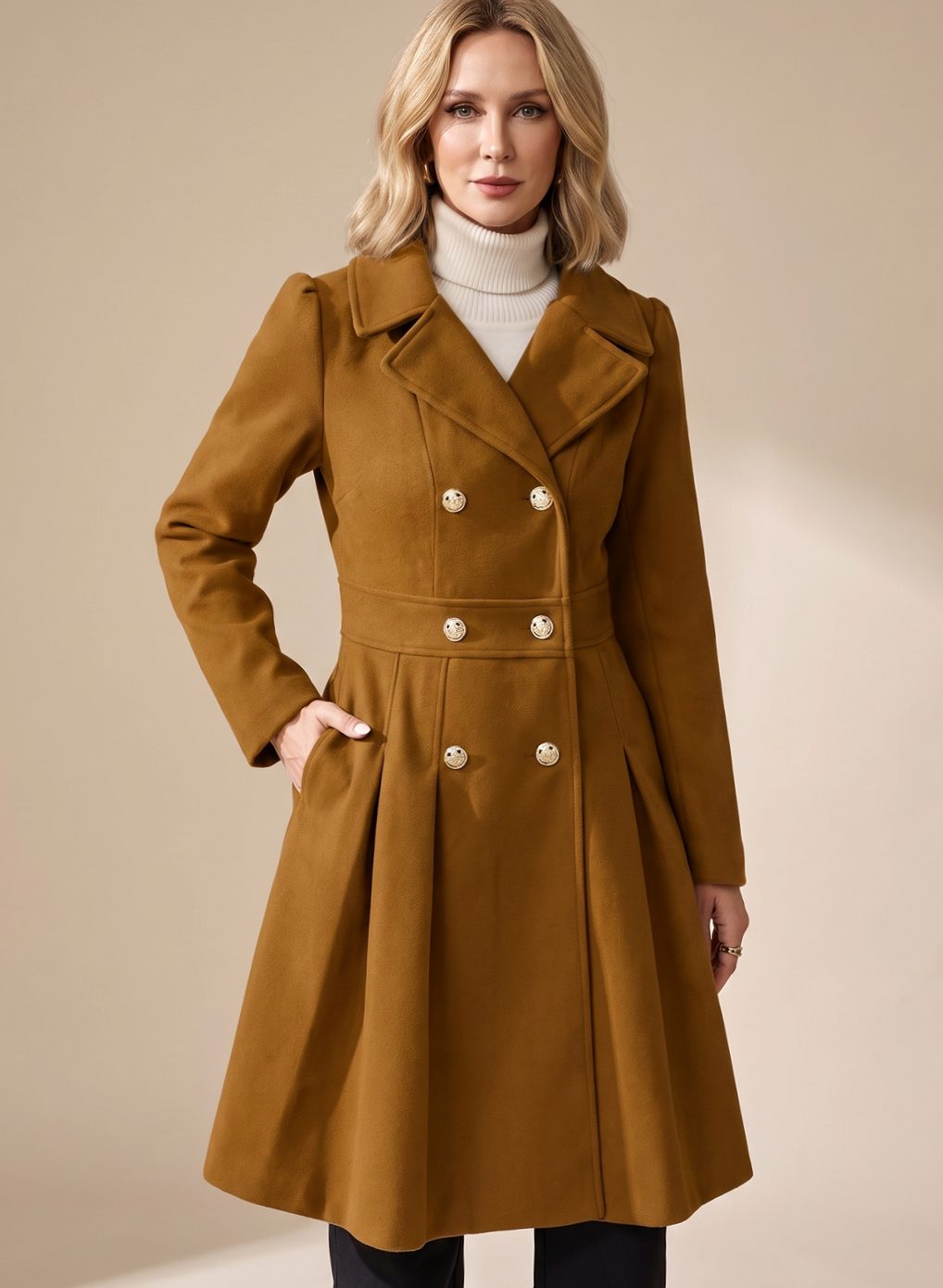 Women's Six-Button Skirted Wool-Blend Coat with Wide Lapels