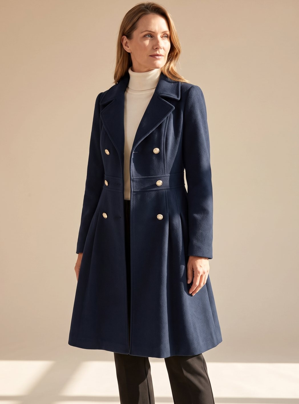 Women's Six-Button Skirted Wool-Blend Coat with Wide Lapels