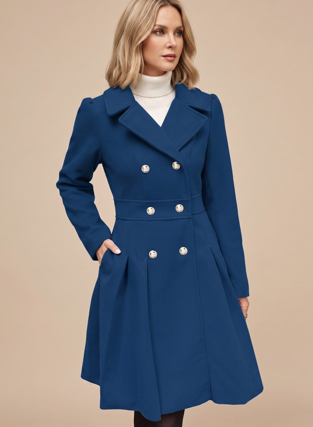 Women's Six-Button Skirted Wool-Blend Coat with Wide Lapels