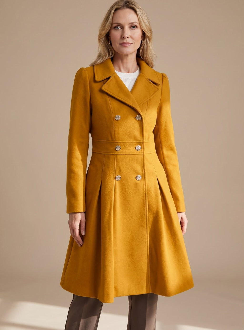 Women's Six-Button Skirted Wool-Blend Coat with Wide Lapels