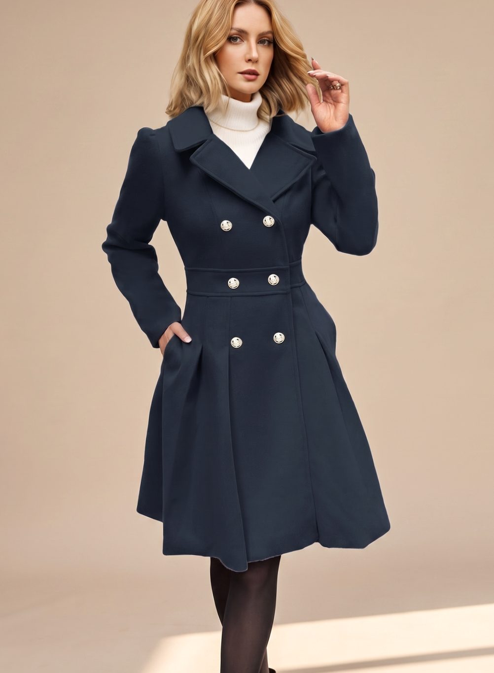 Women's Six-Button Skirted Wool-Blend Coat with Wide Lapels - Black