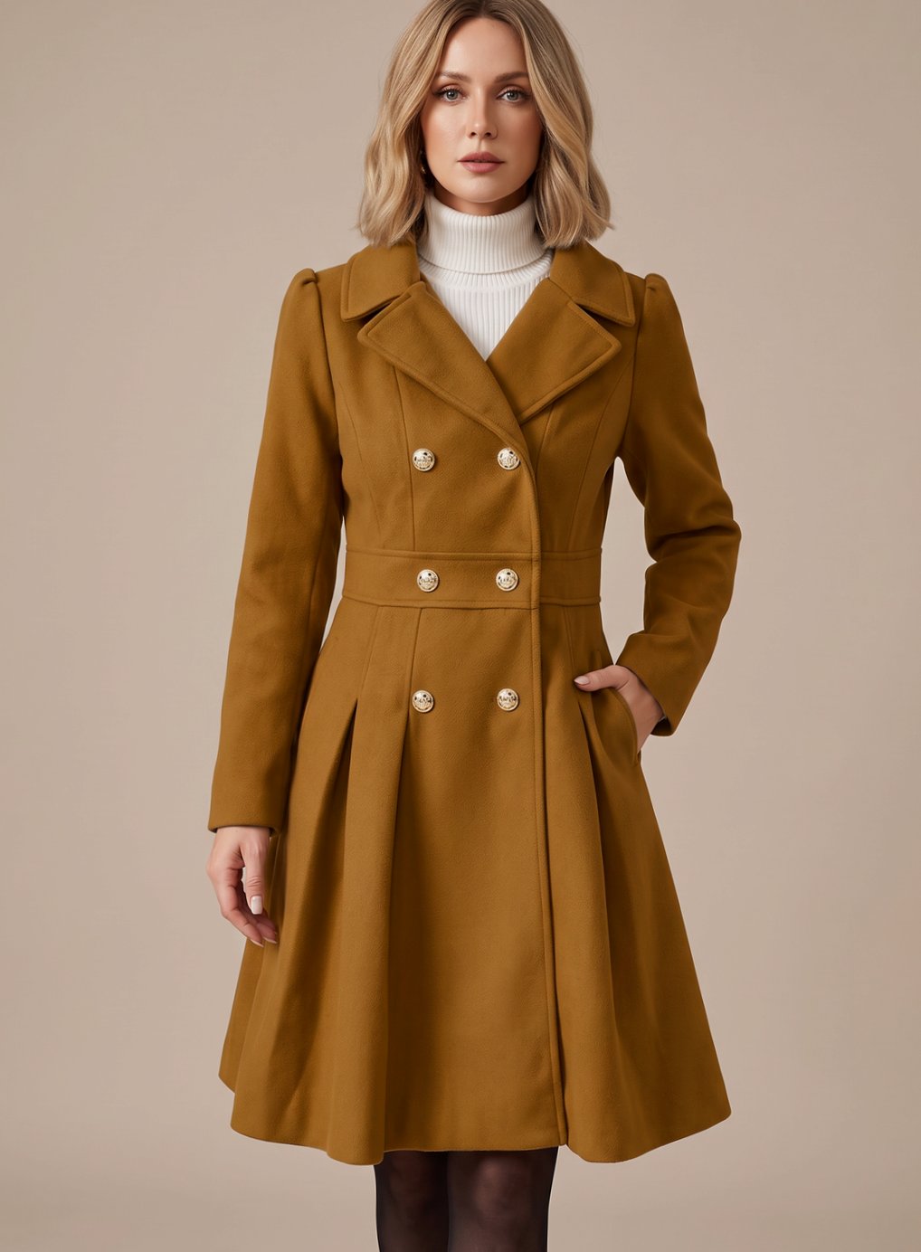 Women's Six-Button Skirted Wool-Blend Coat with Wide Lapels - Camel