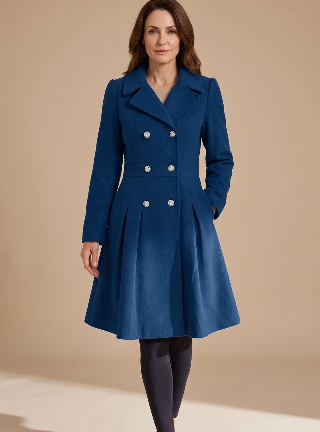Women's Six-Button Skirted Wool-Blend Coat with Wide Lapels - Dark Navy