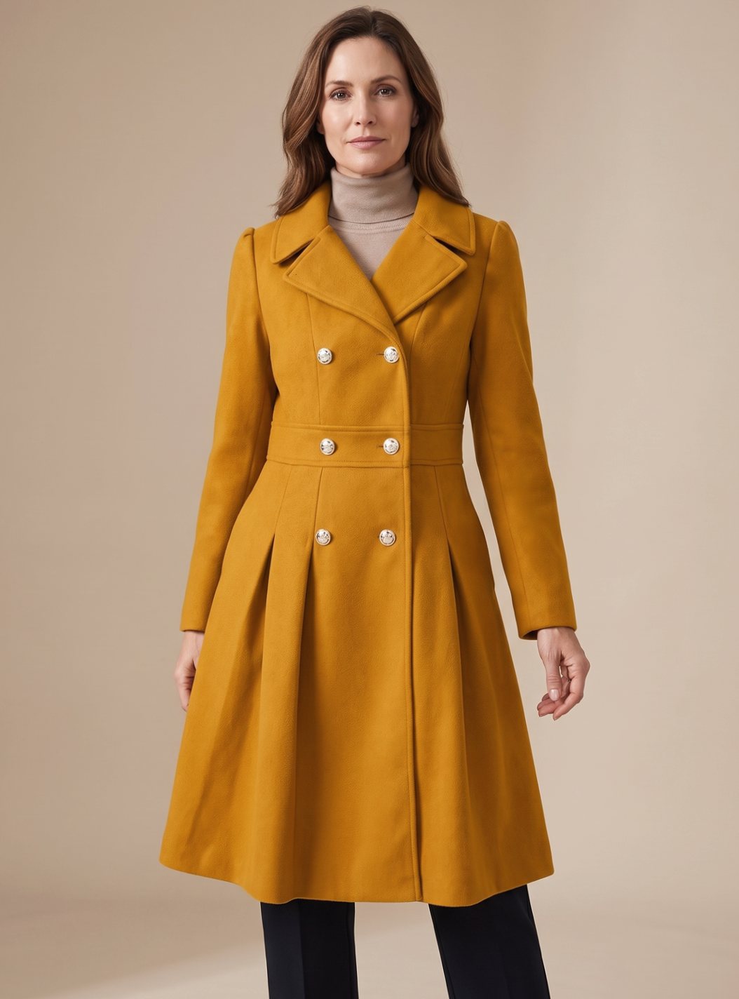 Women's Six-Button Skirted Wool-Blend Coat with Wide Lapels - Yellow