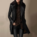 Women's Pebbled Leather Trench with Shearling Lapel – Black