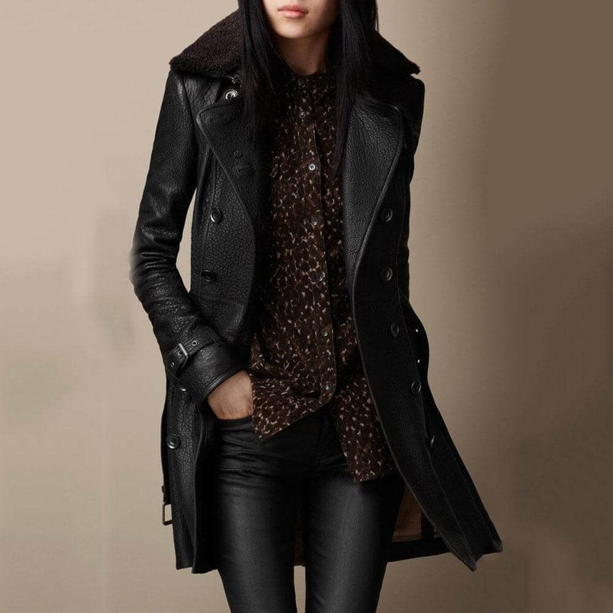 Women's Pebbled Leather Trench with Shearling Lapel – Black