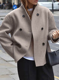 Women's Classic Stand-Neck Double-Breasted Wool Coat - Taupe