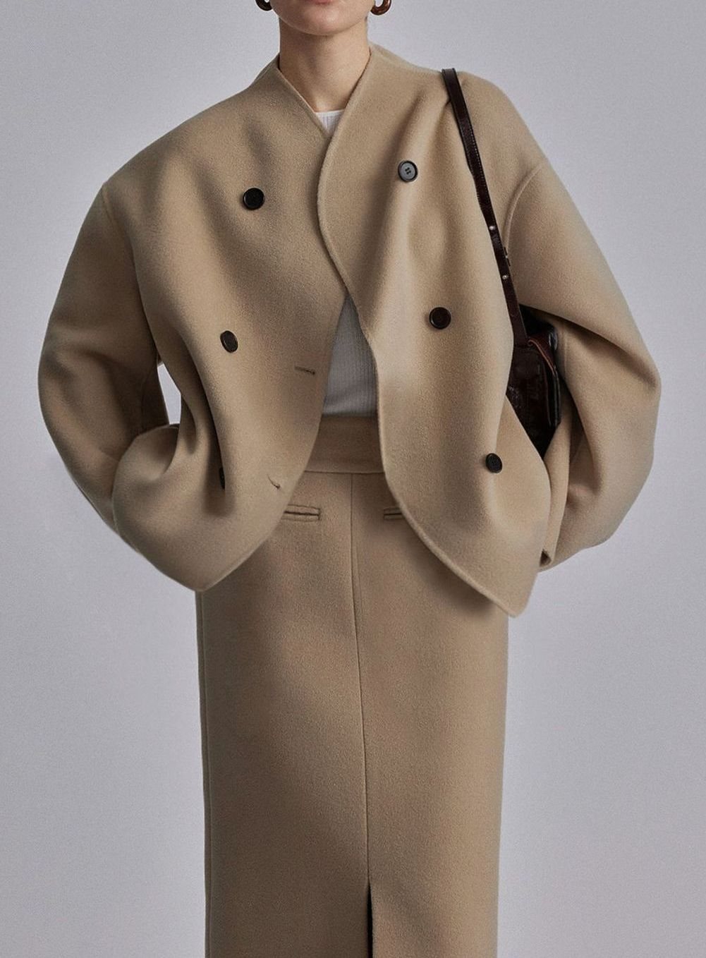 Women's Classic Stand-Neck Double-Breasted Wool Coat - Khaki