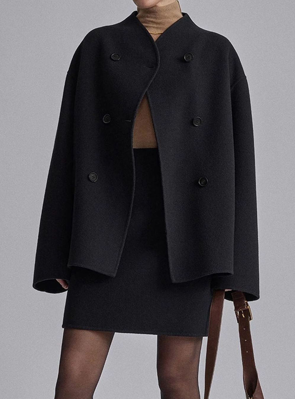 Women's Classic Stand-Neck Double-Breasted Wool Coat - Black