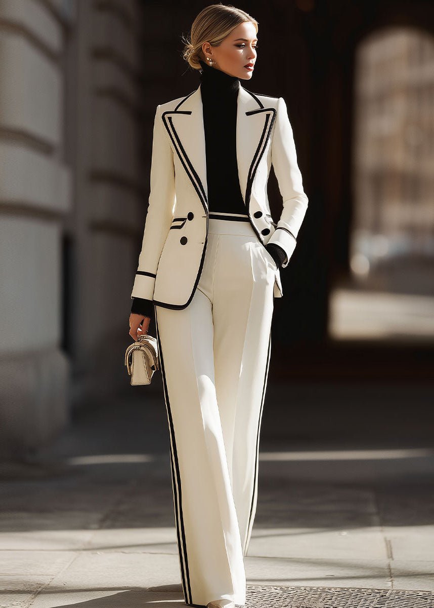 Women's Tailored Two-Piece Suit with Contrast Piping – White
