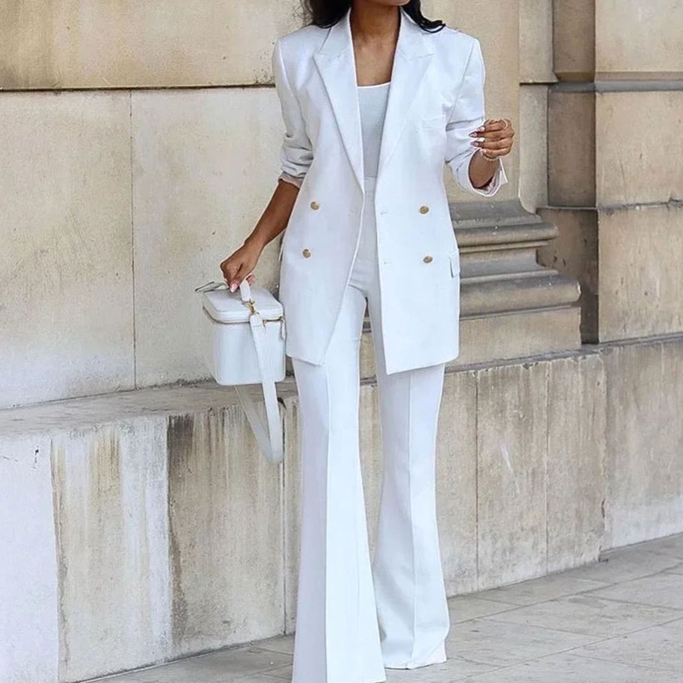 Women's Double-Breasted Tailored Blazer Flared Pants Suit Set