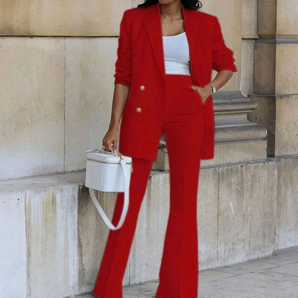 Women's Double-Breasted Tailored Blazer Flared Pants Suit Set