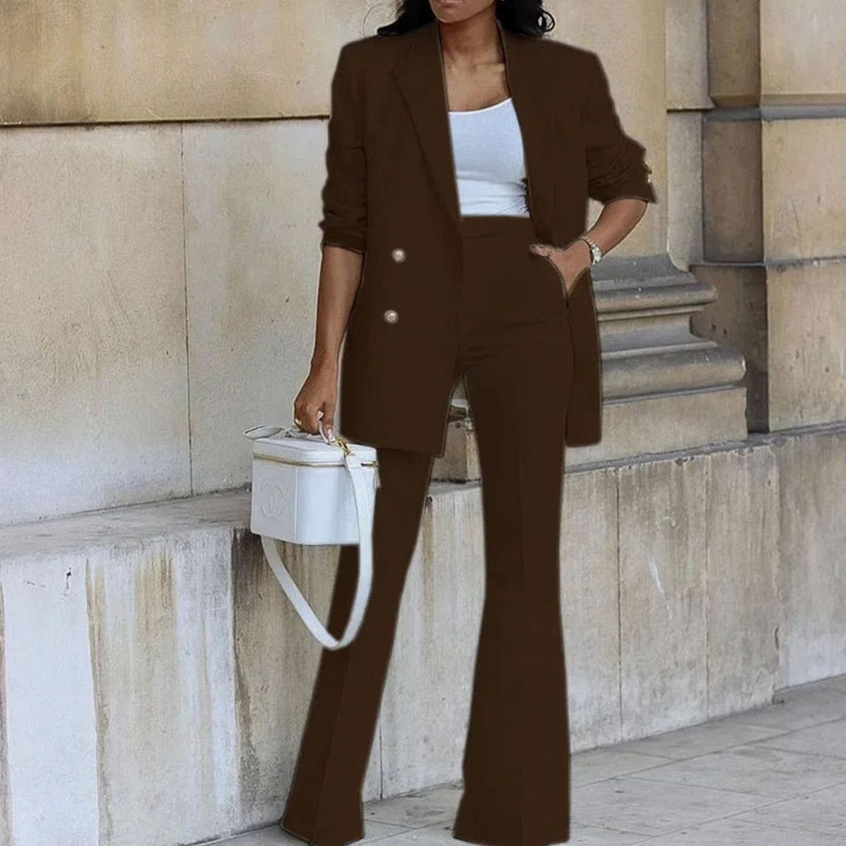 Women's Double-Breasted Tailored Blazer Flared Pants Suit Set