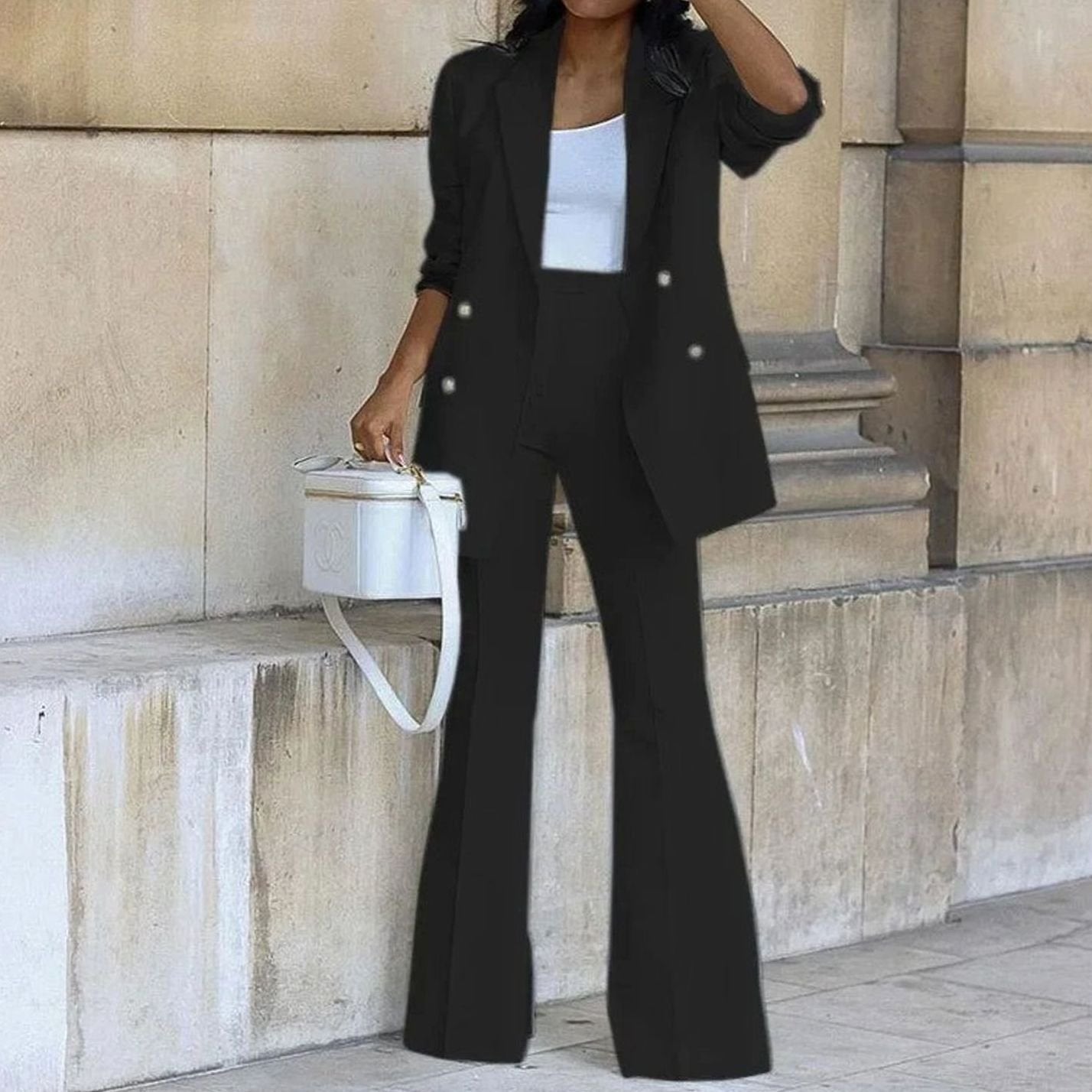 Women's Double-Breasted Tailored Blazer Flared Pants Suit Set