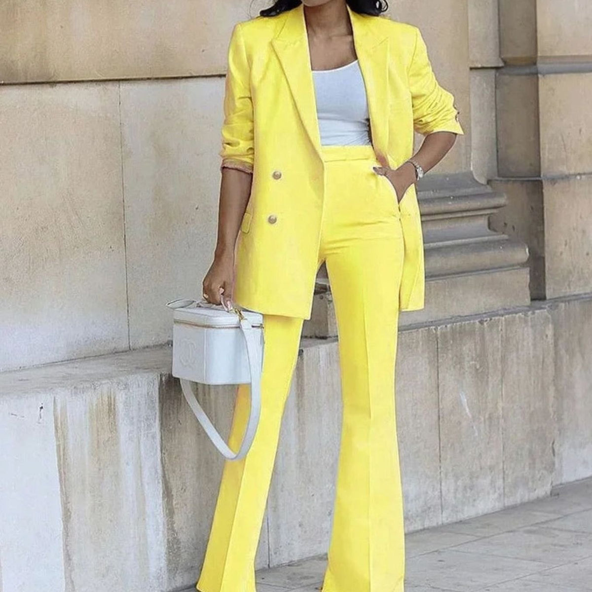 Women's Double-Breasted Tailored Blazer Flared Pants Suit Set