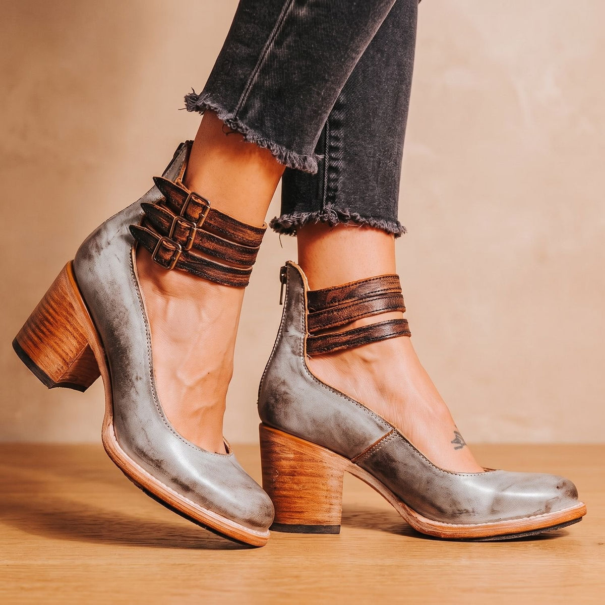 Women's Western Booties with Two Buckle Straps and Block Heel - Gray
