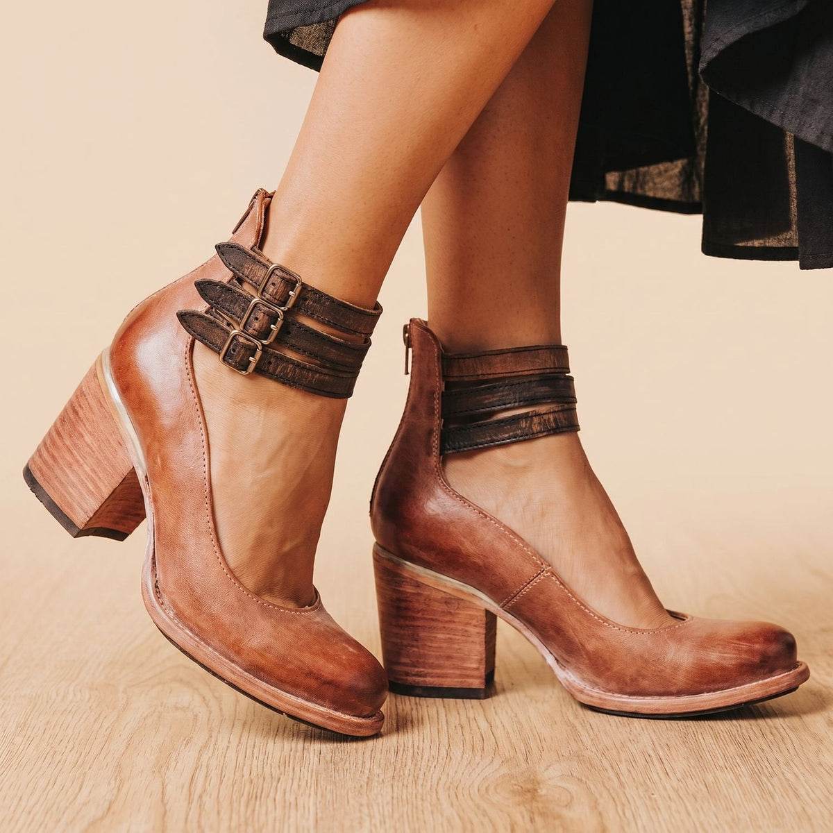 Women's Western Booties with Two Buckle Straps and Block Heel - Dark Brown