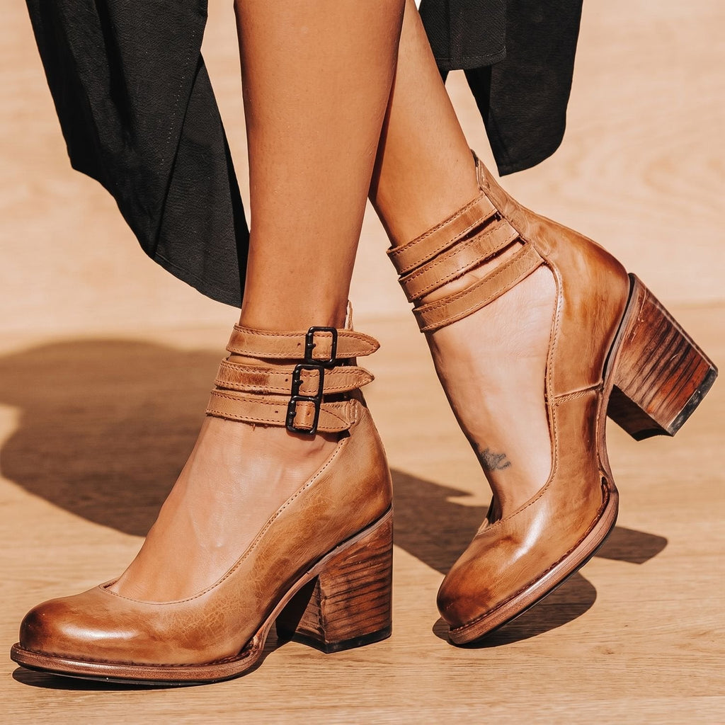 Women's Western Booties with Two Buckle Straps and Block Heel - Brown