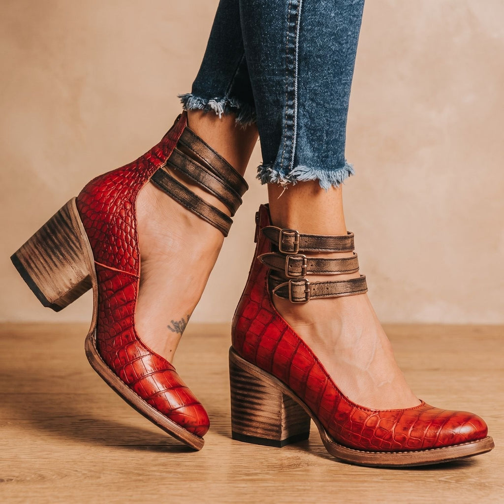 Women's Western Booties with Two Buckle Straps and Block Heel