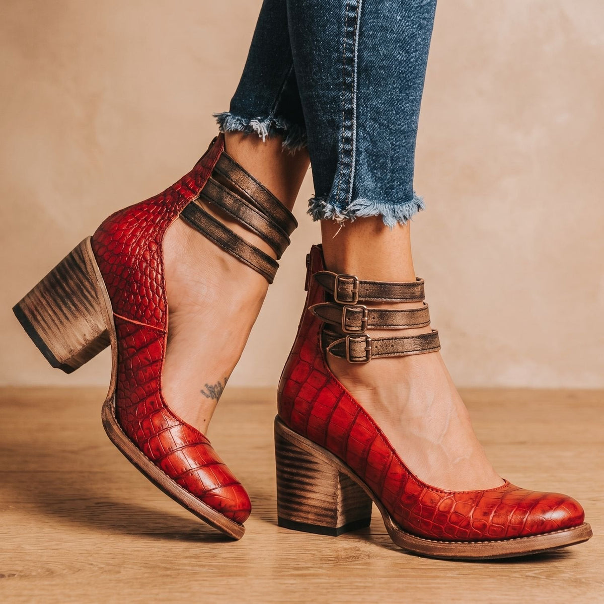 Women's Western Booties with Two Buckle Straps and Block Heel