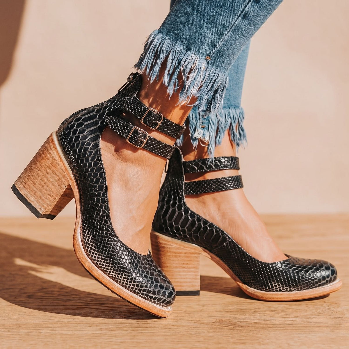 Women's Western Booties with Two Buckle Straps and Block Heel