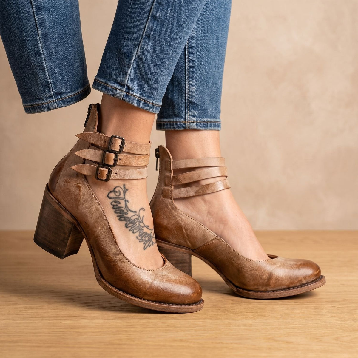 Women's Western Booties with Two Buckle Straps and Block Heel