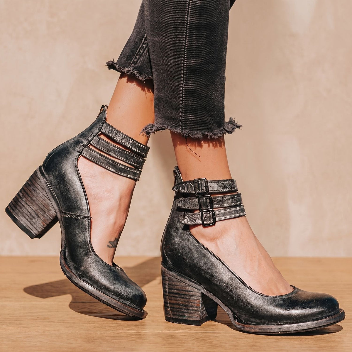 Women's Western Booties with Two Buckle Straps and Block Heel - Black
