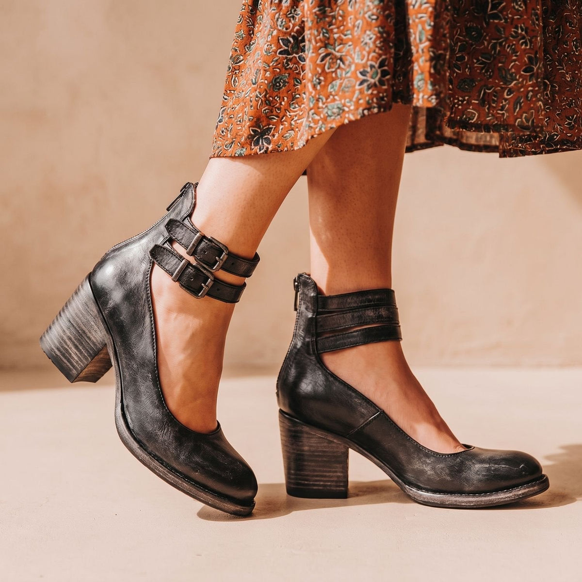Women's Western Booties with Two Buckle Straps and Block Heel