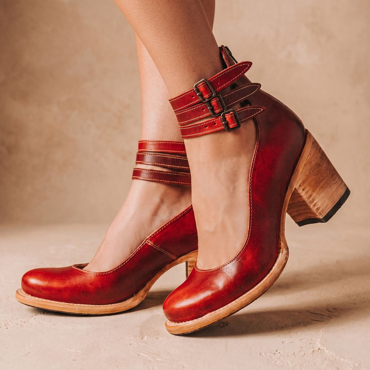 Women's Western Booties with Two Buckle Straps and Block Heel - Red