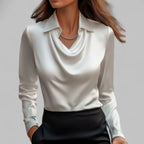 Women's Draped Cowl-Neck Long Sleeve Satin Blouses