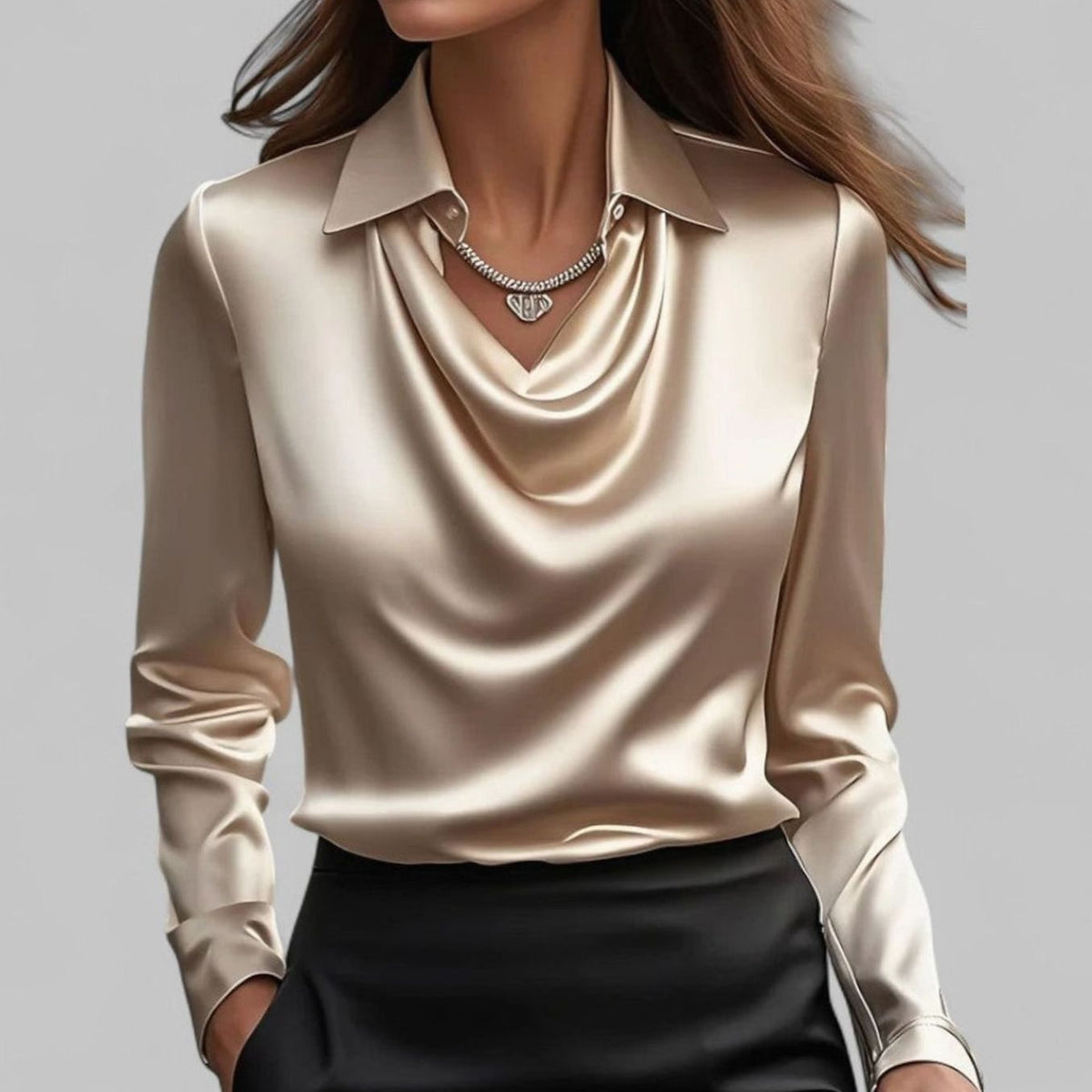 Women's Draped Cowl-Neck Long Sleeve Satin Blouses