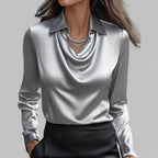 Women's Draped Cowl-Neck Long Sleeve Satin Blouses