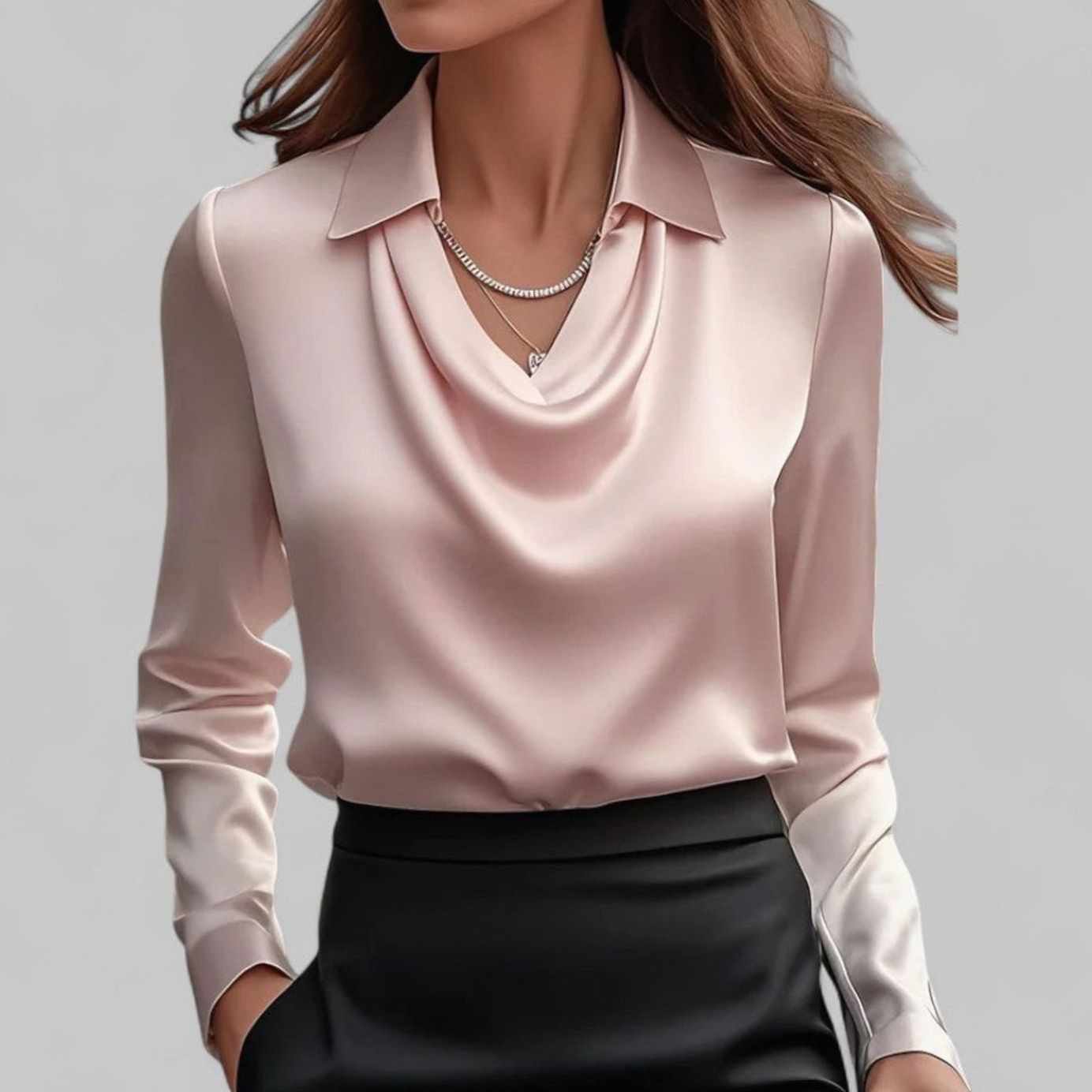 Women's Draped Cowl-Neck Long Sleeve Satin Blouses