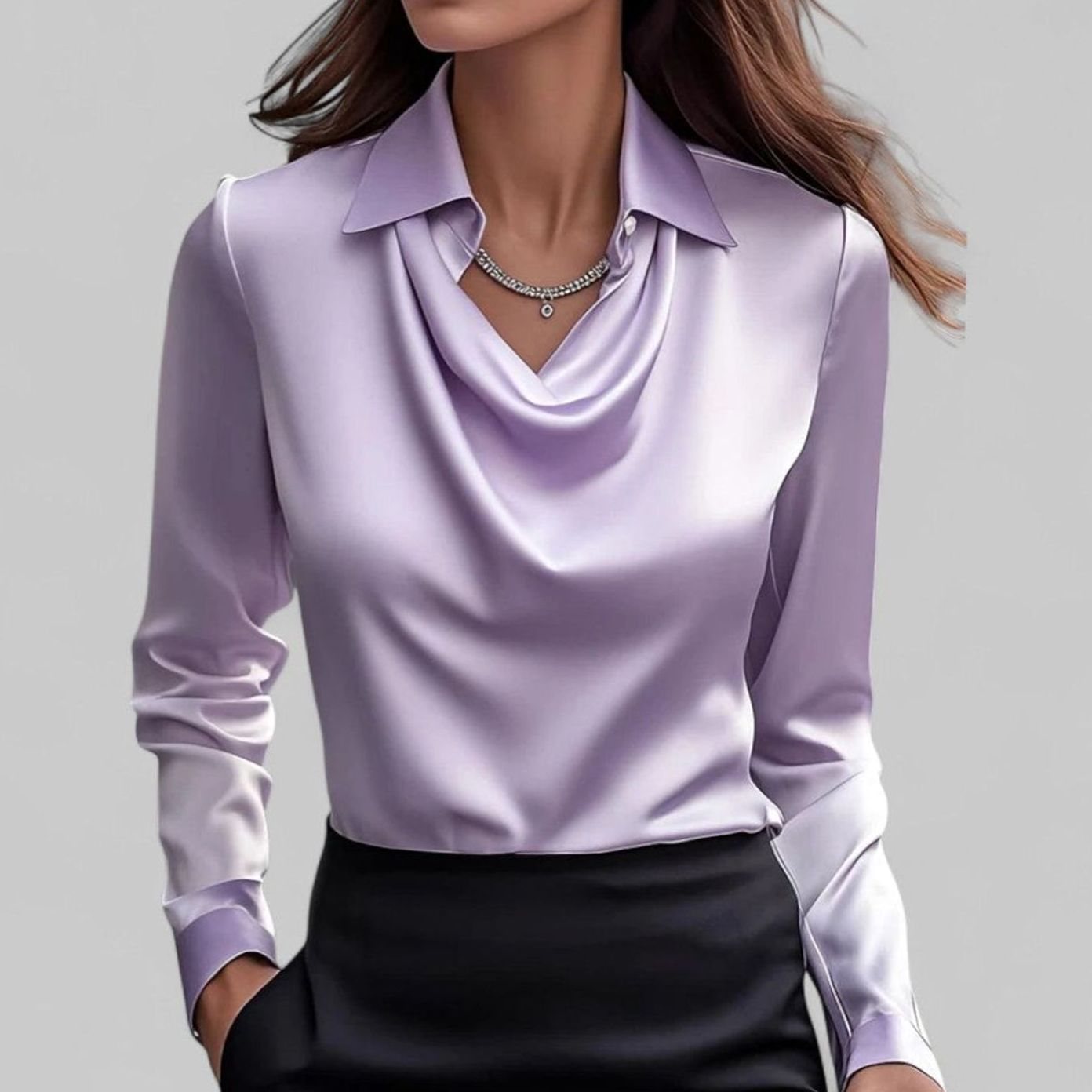 Women's Draped Cowl-Neck Long Sleeve Satin Blouses