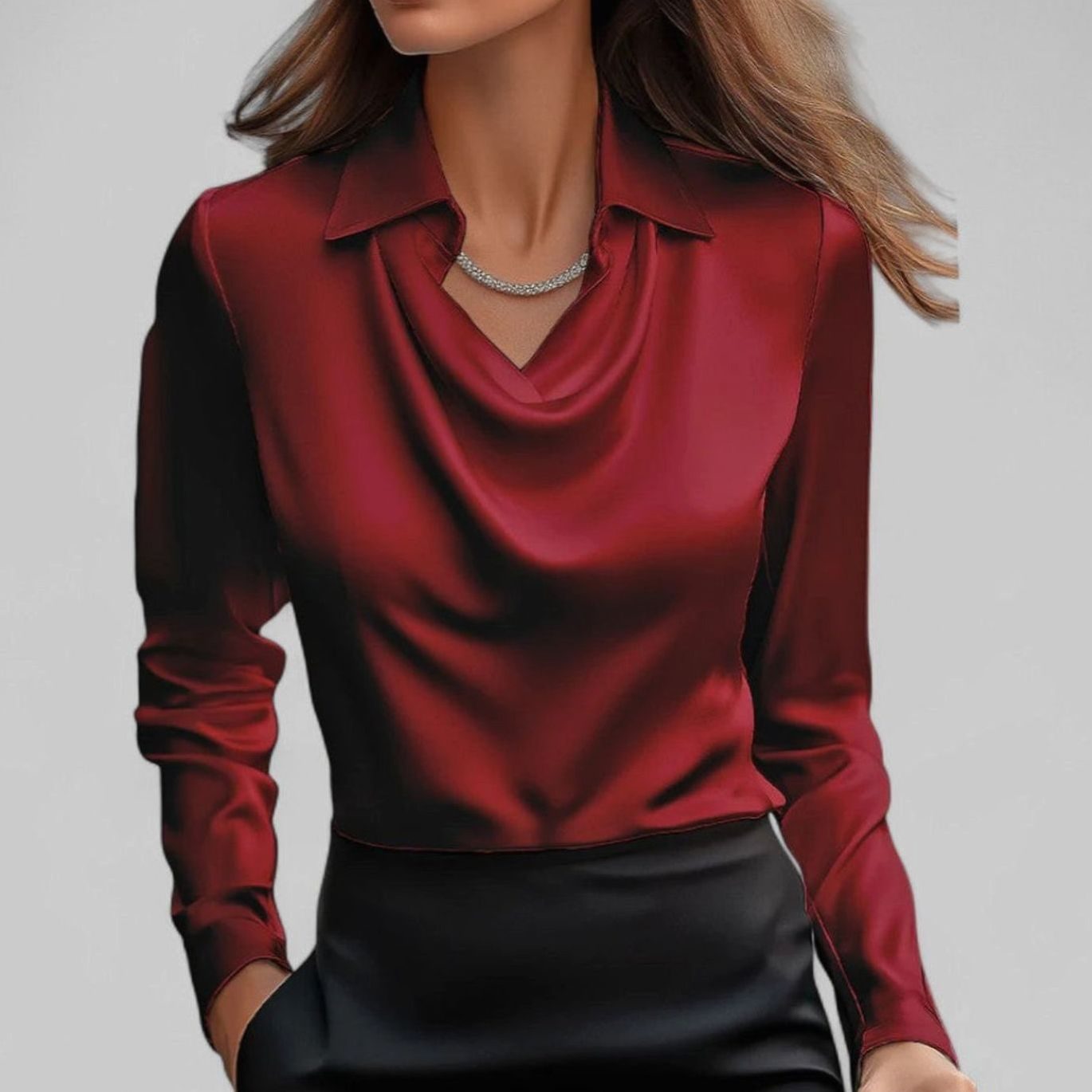 Women's Draped Cowl-Neck Long Sleeve Satin Blouses
