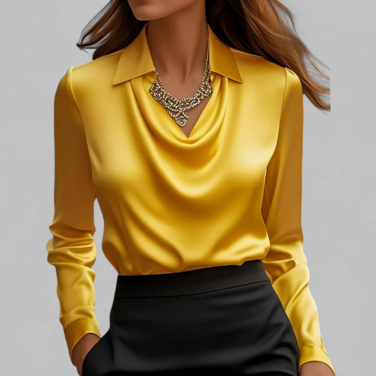Women's Draped Cowl-Neck Long Sleeve Satin Blouses