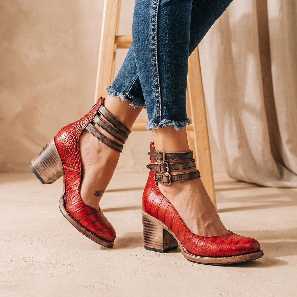 Women's Boho Western Dual-Buckle Heeled Booties - Serpentine Red