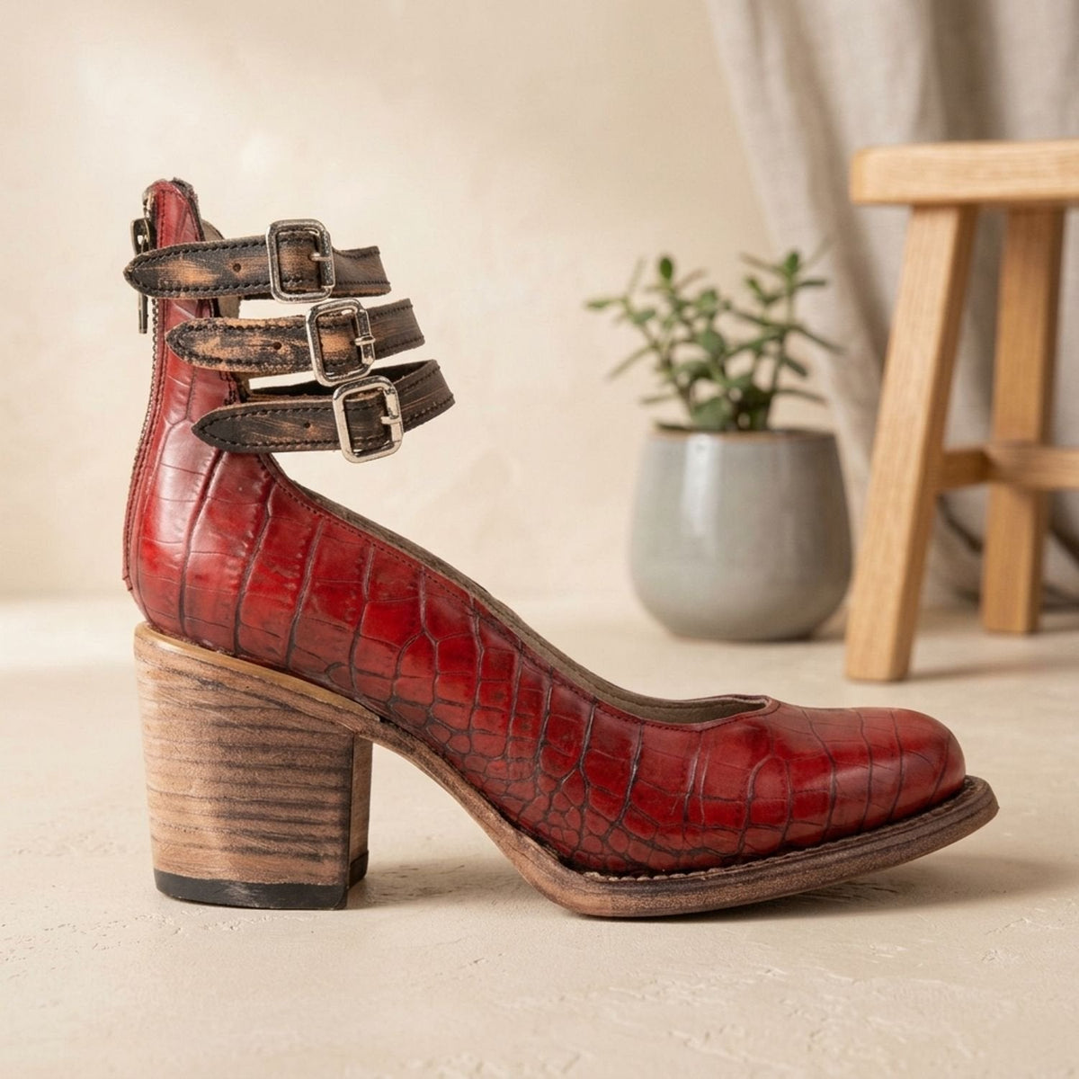 Women's Boho Western Dual-Buckle Heeled Booties