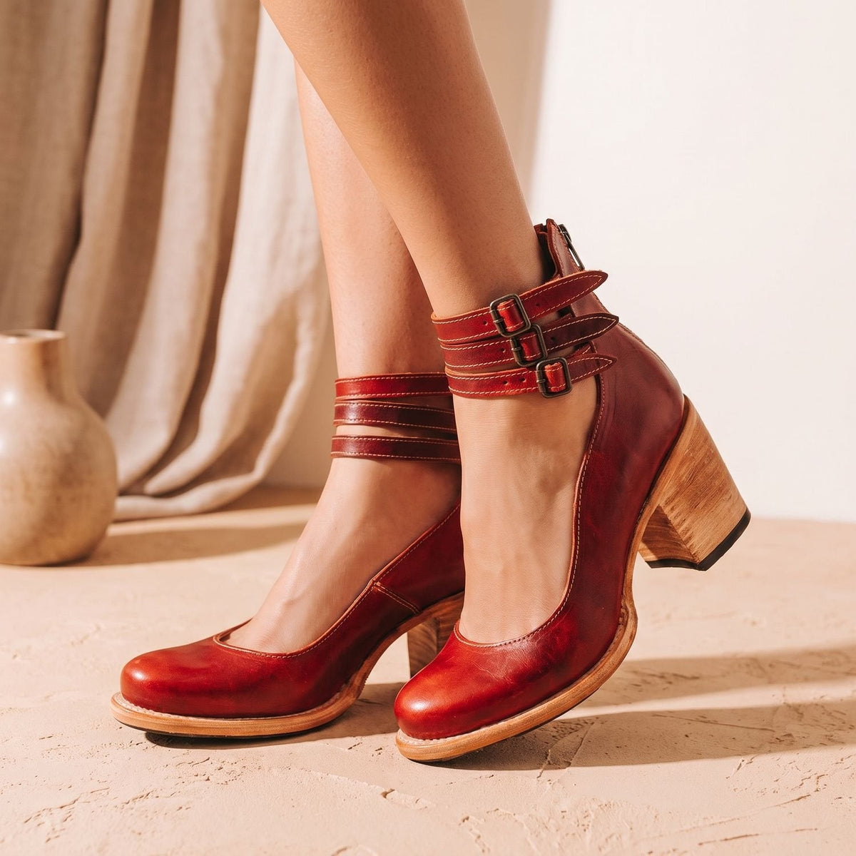 Women's Boho Western Dual-Buckle Heeled Booties - Red