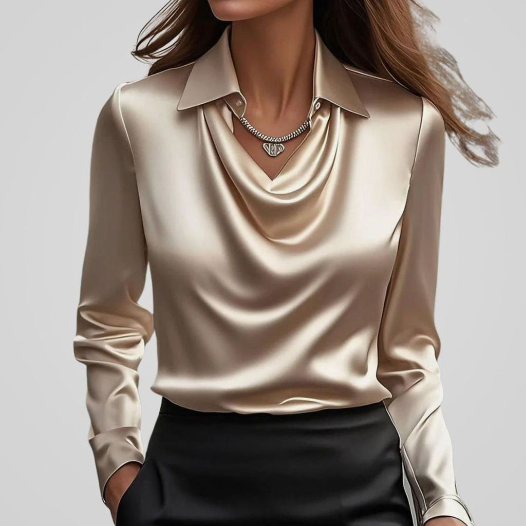 Women's Elegant Draped-Neck Long-Sleeve Satin Blouse