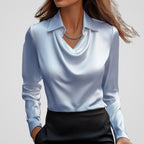 Women's Elegant Draped-Neck Long-Sleeve Satin Blouse