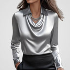 Women's Elegant Draped-Neck Long-Sleeve Satin Blouse