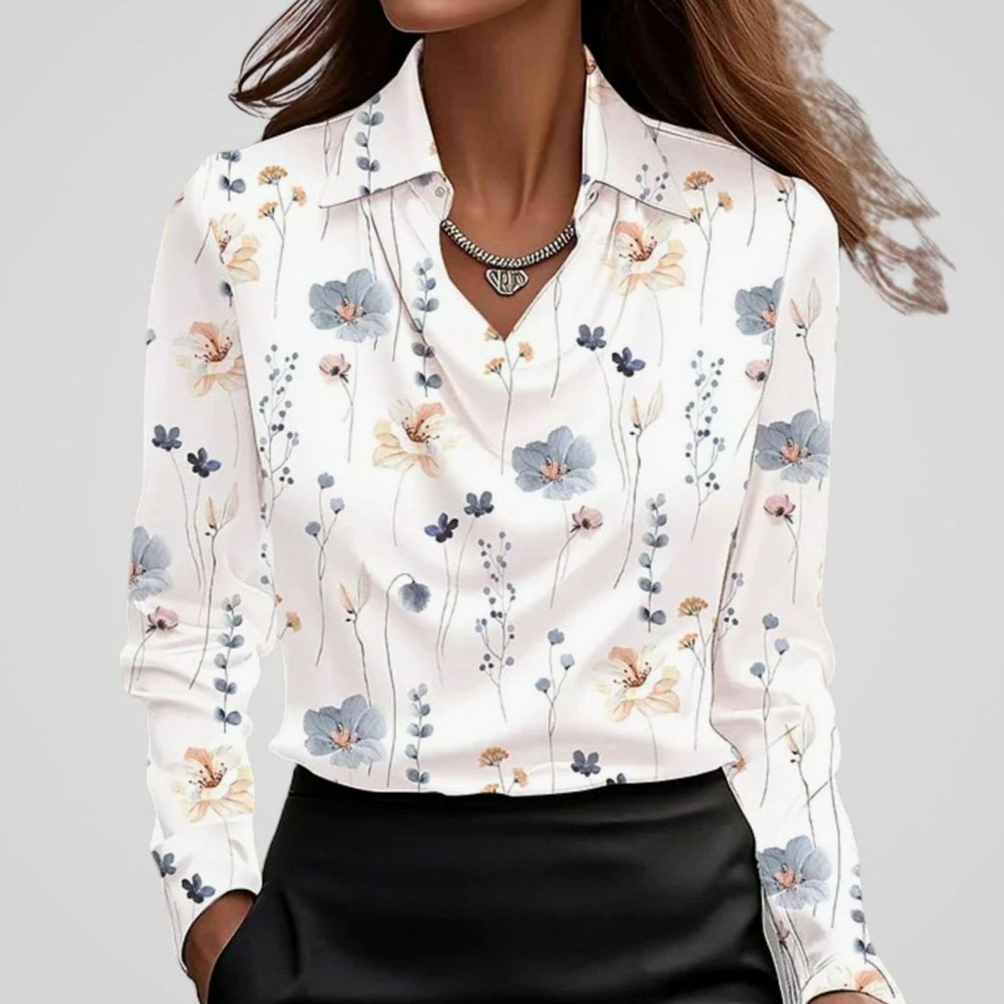 Women's Elegant Draped-Neck Long-Sleeve Satin Blouse